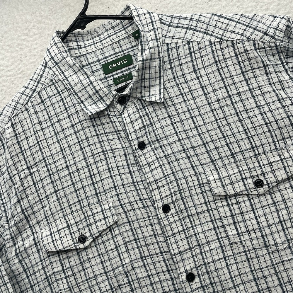 Orvisโ Shirt Mens XL Gray White Plaid Check Active Fit Long Sleeve Button Down